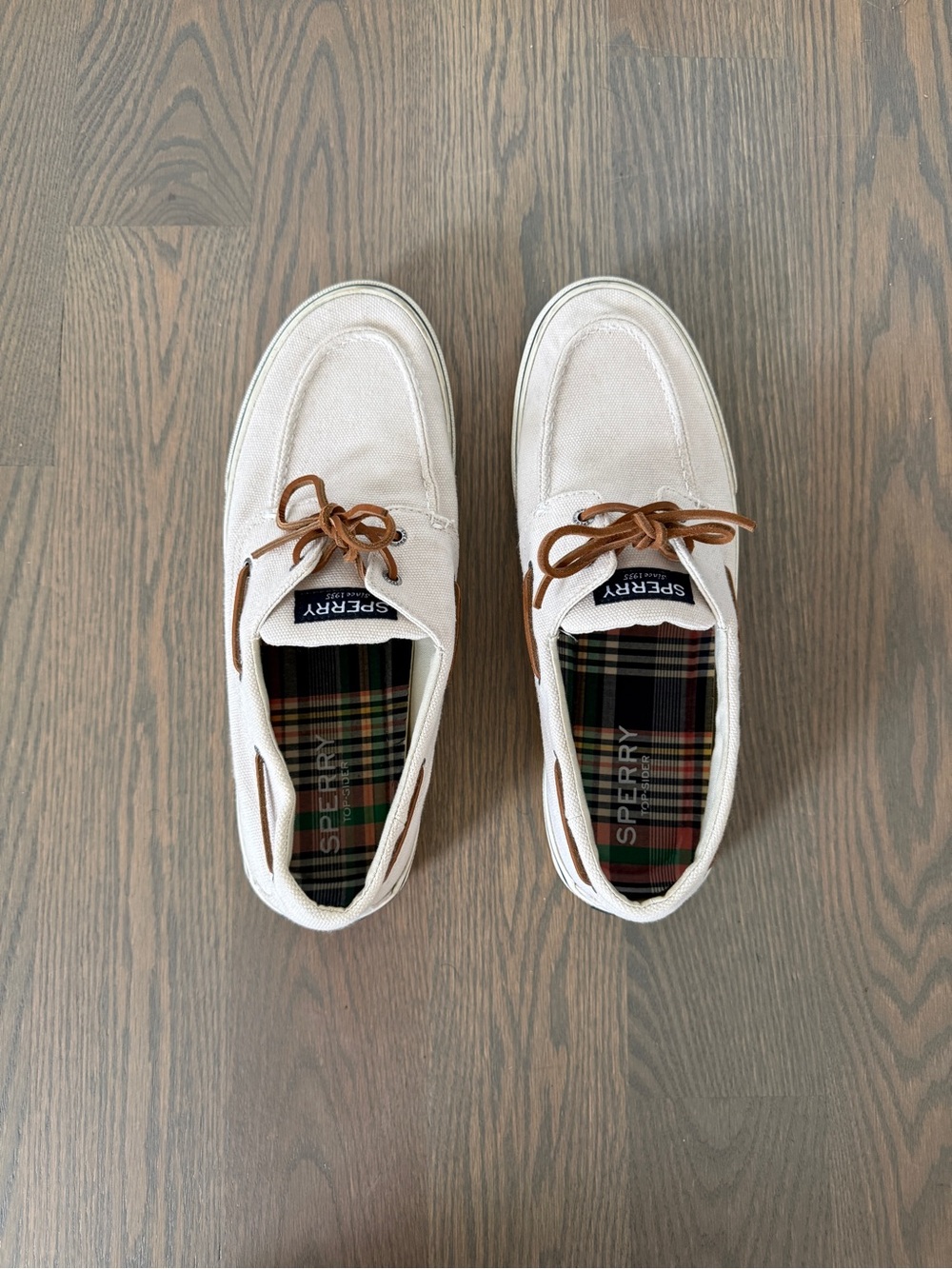 Sperry Men’s Off-White Canvas Boat Shoes with Brown Laces